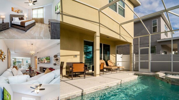 A modern hotel interior with a bedroom, living room, and outdoor pool area. - Lovely Pool Home With Spa Close to Area Attractions (Davenport)