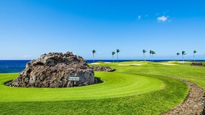 A golf course with a rocky drop area, palm trees, and a clear view of the ocean.