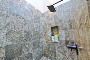 Shower, hair dryer, towels, soap