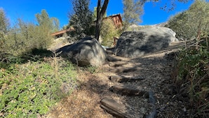 A hiking trail with wooden steps, surrounded by rocks and foliage.
