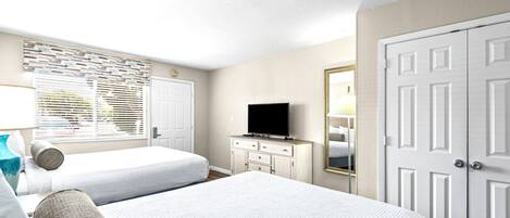 Quarto com duas camas, uma cômoda, televisão, janela com persianas e uma porta.