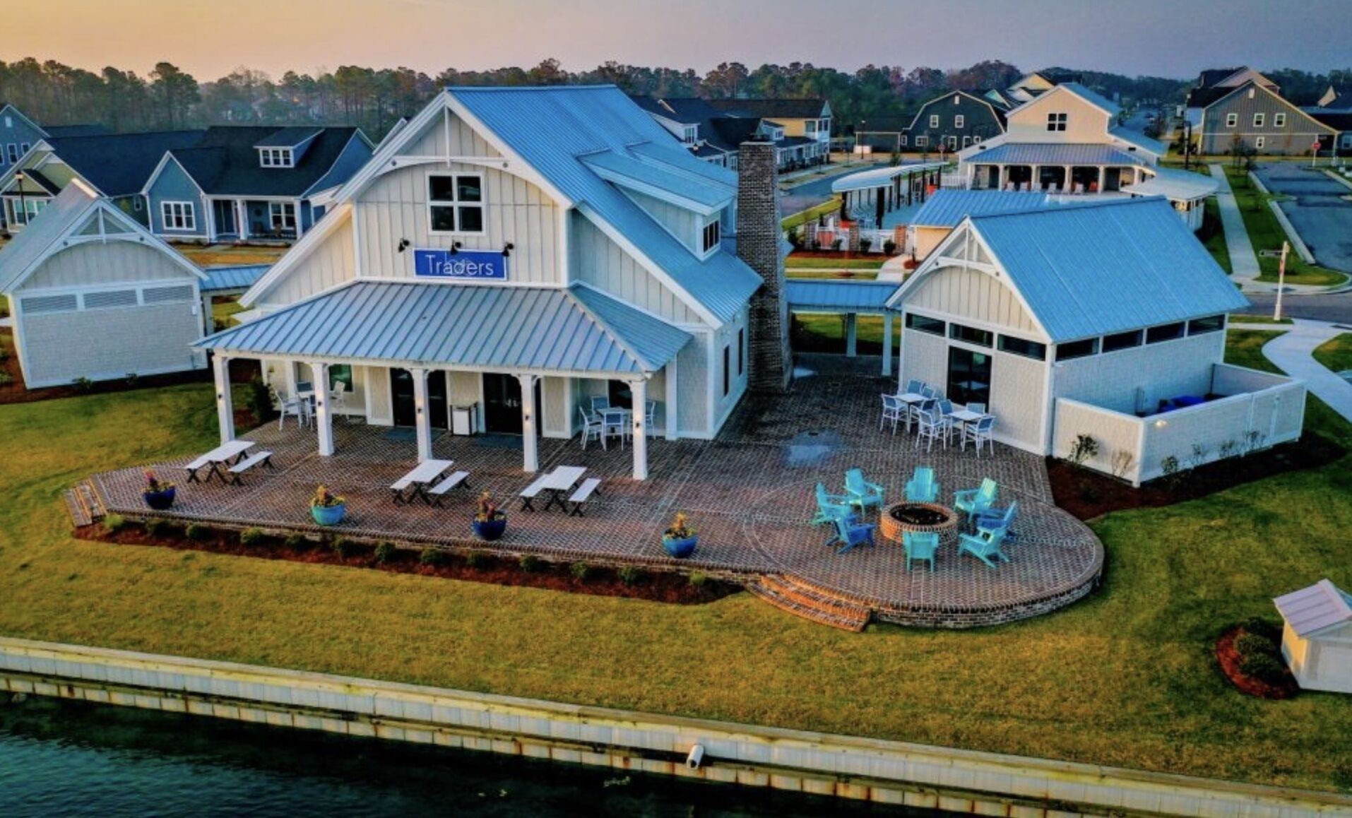 Traders convenience store and community clubhouse with outside gas fire pit