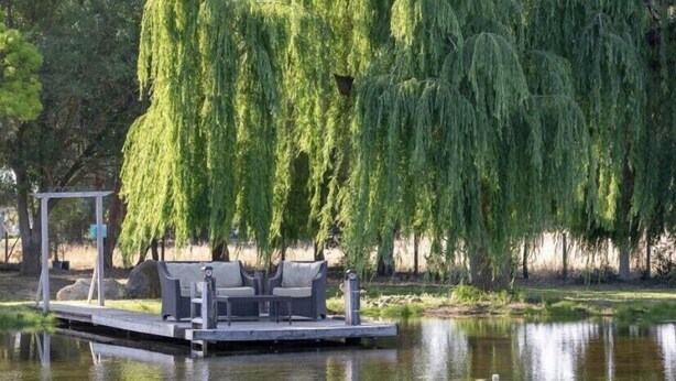 A serene outdoor seating area with a dock over water, surrounded by lush greenery. - Country house with Pond and EV charger (Exeter)