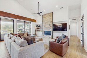 TV, fireplace, table football