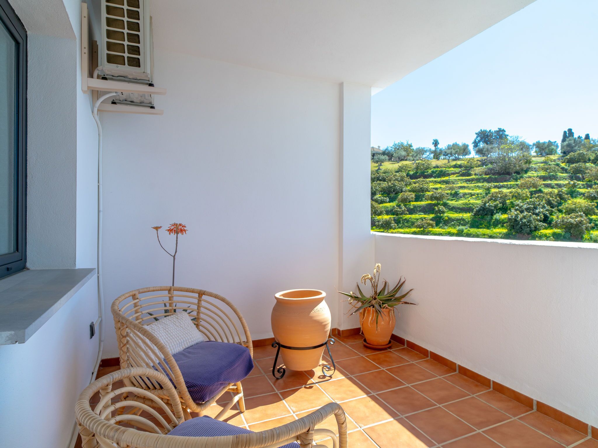 A balcony with wicker chairs, a large terracotta pot, and a view of a green landscape.