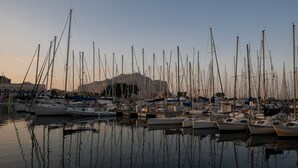 A marina with numerous sailboats docked, calm water, and a building in the background.