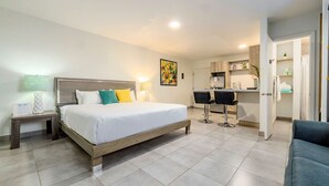 Habitación de hotel moderna con una cama grande, un escritorio y una kitchenette.