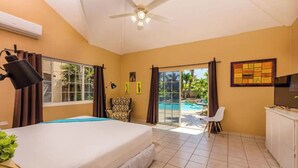A bedroom with a bed, a desk, a chair, a TV, and a view of a swimming pool. - Spacious 5BR Home w/ Amazing Garden & PrivatePool (Noord)