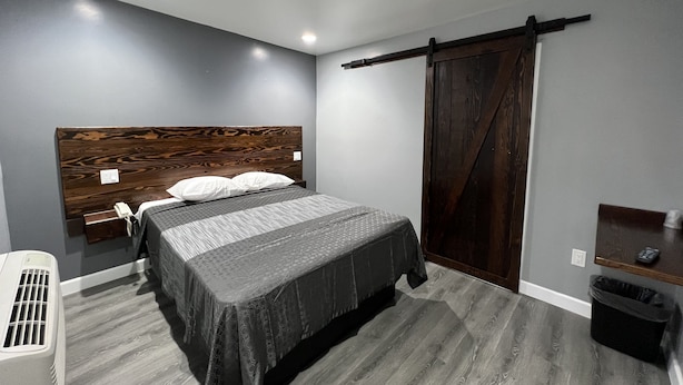 Un dormitorio con cama, mesita de noche, calefactor, puerta corrediza tipo granero y un cubo de basura.