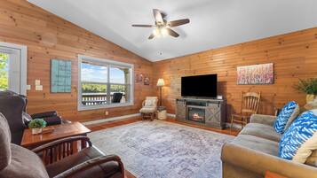 Smart TV, fireplace, DVD player, books