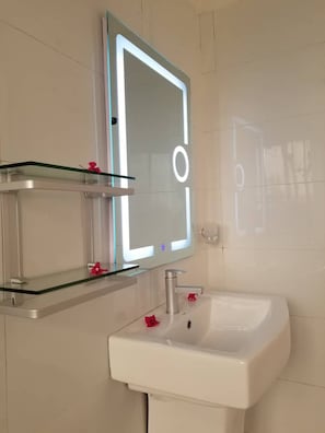 Bathroom features a sink, mirror, and two shelves.