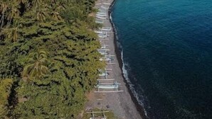 An aerial view of a beach with rows of boats lined up along the shore, surrounded by dense palm trees and a mountain in the background. - Camplung Beach Villa and Farmstead (Tejakula)