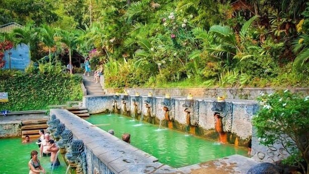 A pool with stone carvings and a lush green backdrop. - Camplung Beach Villa and Farmstead (Tejakula)