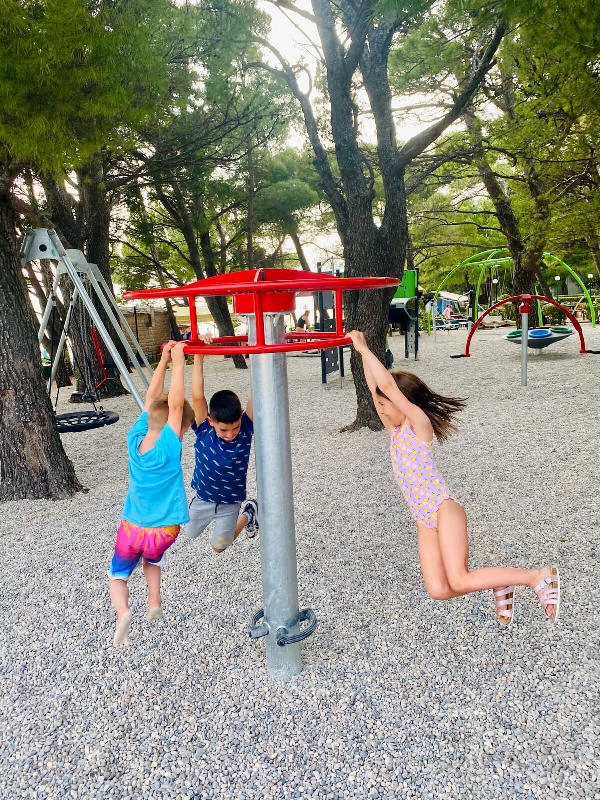 A playground with a metal structure for climbing and hanging, surrounded by trees and gravel ground.