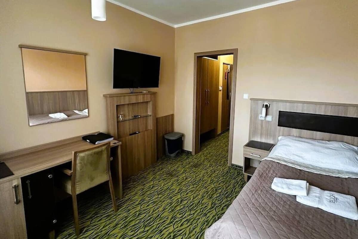 A hotel room with a bed, a desk, a chair, a television, and a wardrobe.