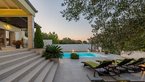 A modern outdoor pool area with steps leading down to the pool, surrounded by potted plants and lounge chairs.