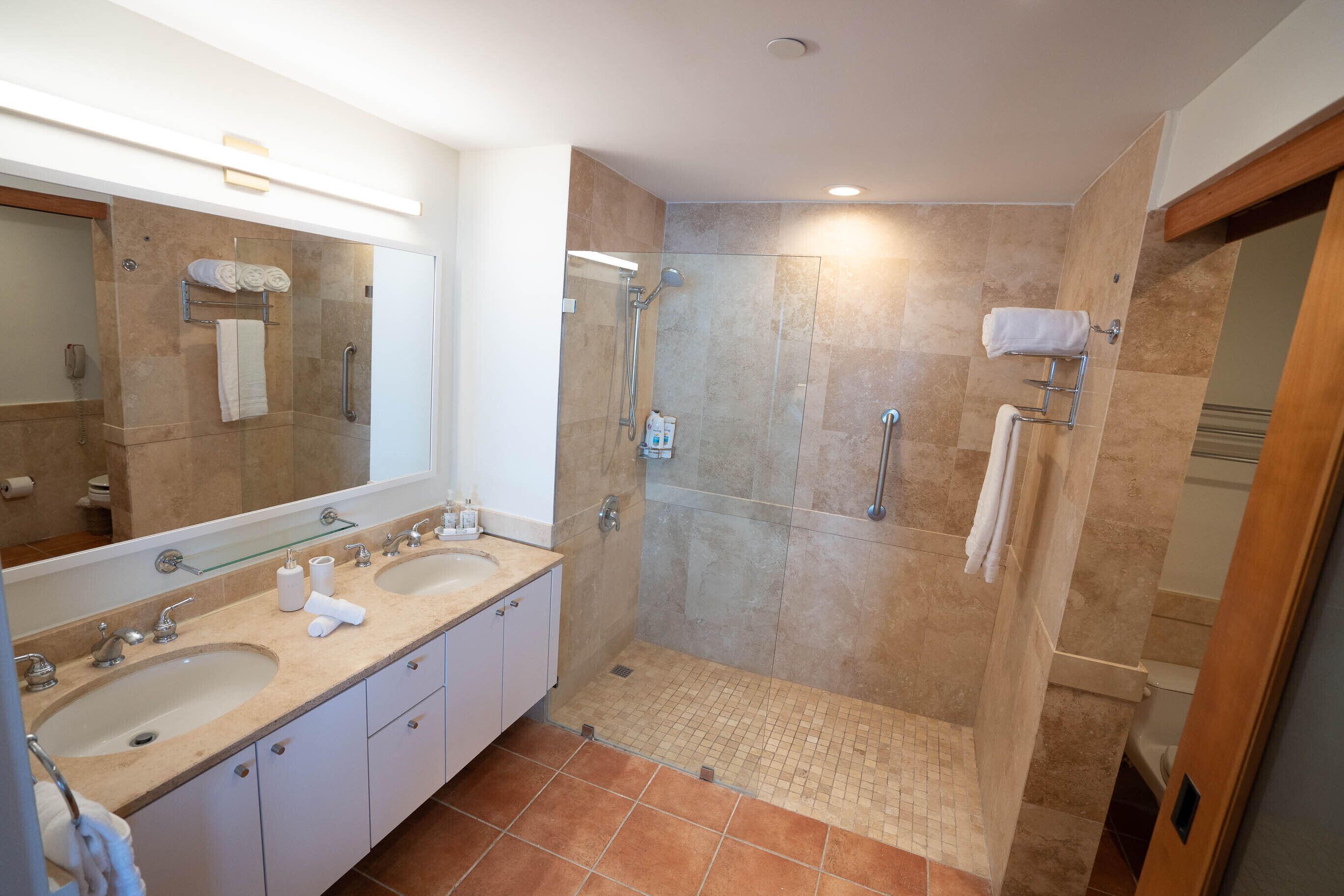 A modern bathroom with two sinks, a large mirror, a walk-in shower, and a glass-enclosed shower area.