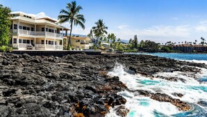 A beachfront property with a rocky shoreline, a multi-story building with balconies, and palm trees. - Dolphin Manor: Stunning Oceanfront Home w/Pool, Spa, A/C, Private Lanai (Kailua Kona)