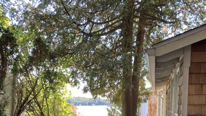 A wooden deck leading to a building with a view of a lake.