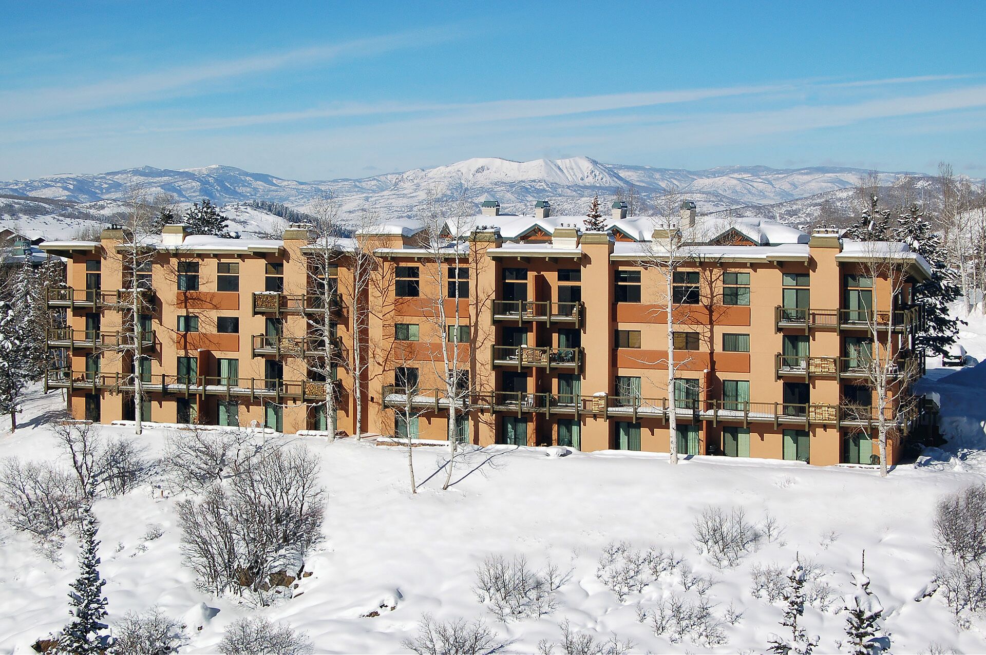 Un hôtel à plusieurs étages, doté de balcons, entouré d’arbres couverts de neige et avec des montagnes enneigées en arrière-plan.