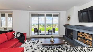 Älytelevisio, takka, DVD-soitin, musiikkikirjasto