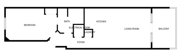 Plano de planta que muestra un dormitorio, baño, cocina, cuarto de electricidad, lavandería, vestíbulo, sala de estar y balcón.