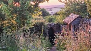 A rustic stone bridge, a wooden cabin, and a pathway through a garden with various plants and flowers.