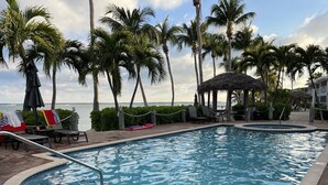 Uma área de piscina com espreguiçadeiras, uma estrutura de colmo e palmeiras.