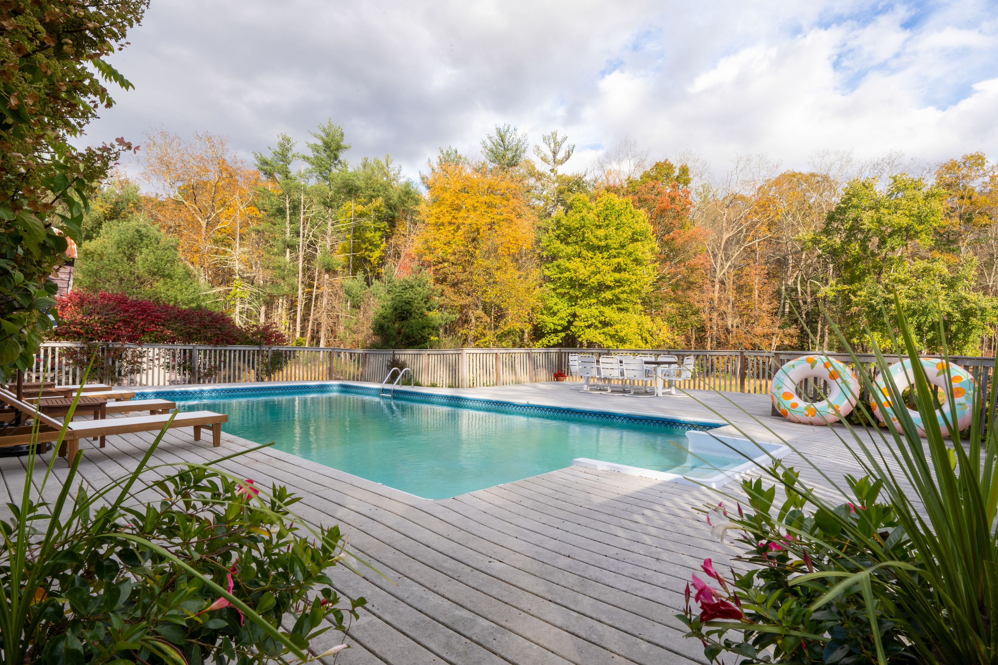 A rectangular swimming pool with a wooden deck, surrounded by trees and a wooden fence.