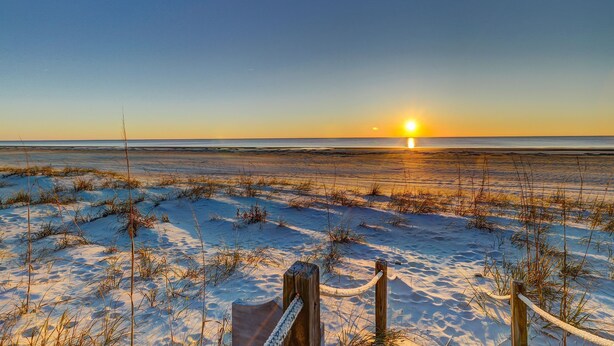 A beach with a wooden fence and sparse vegetation.