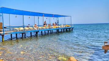 Private beach, white sand, free beach shuttle, sun loungers