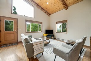 Smart TV, fireplace, books, offices