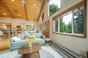 Smart TV, fireplace, books, offices