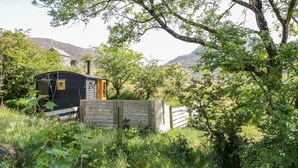 A rustic cabin with a wooden door and a chimney, surrounded by lush greenery and hills in the background. - Moelfre - Shepherds Hut (Llanbedr)