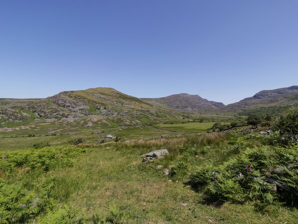 A rural landscape with rolling hills, a stone wall, and sparse vegetation.