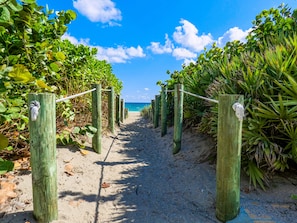 A sandy pathway flanked by wooden posts with ropes, leading to a beach with clear blue water and green foliage.