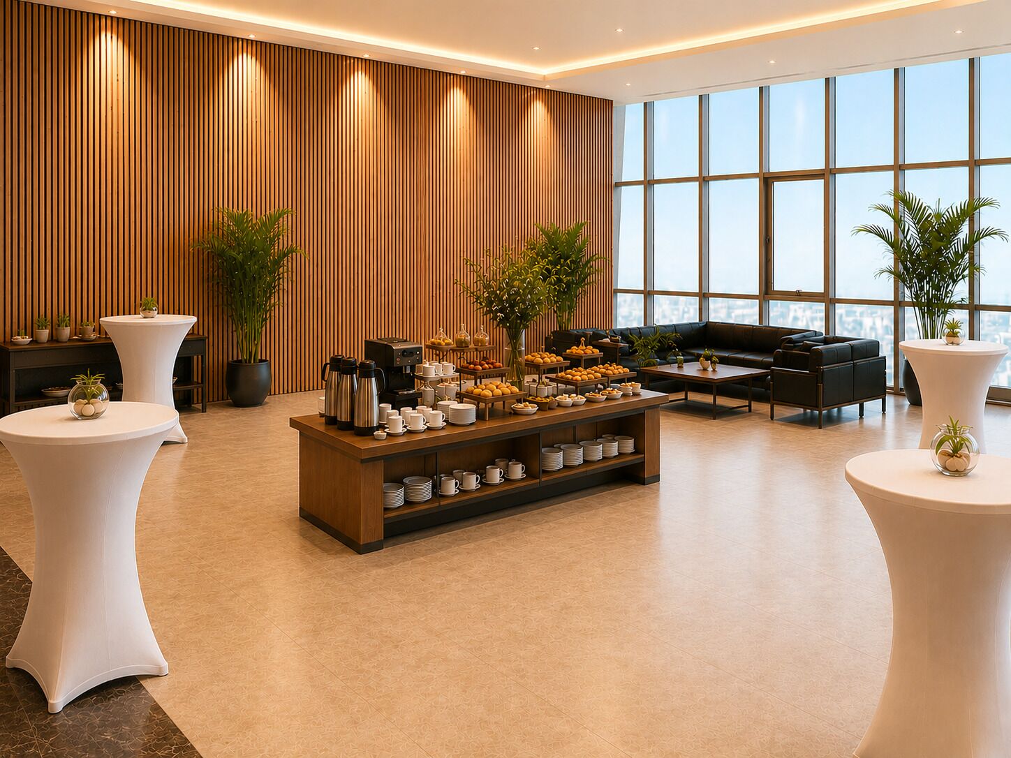 A modern lounge area with a coffee station, seating, and large windows.