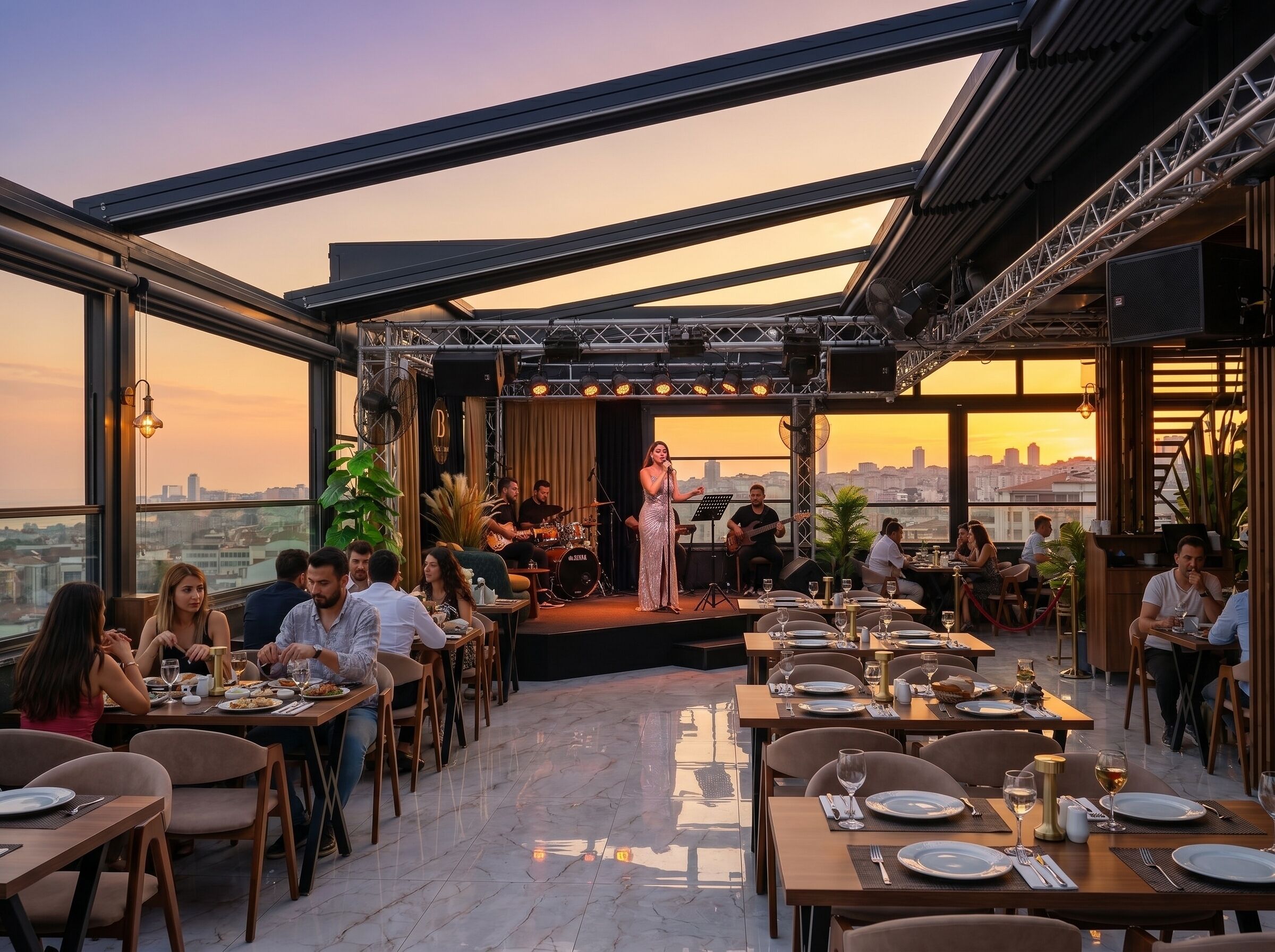 Un área de comedor al aire libre con un escenario para música en vivo, mesas dispuestas con platos y vasos, y vista a la ciudad.
