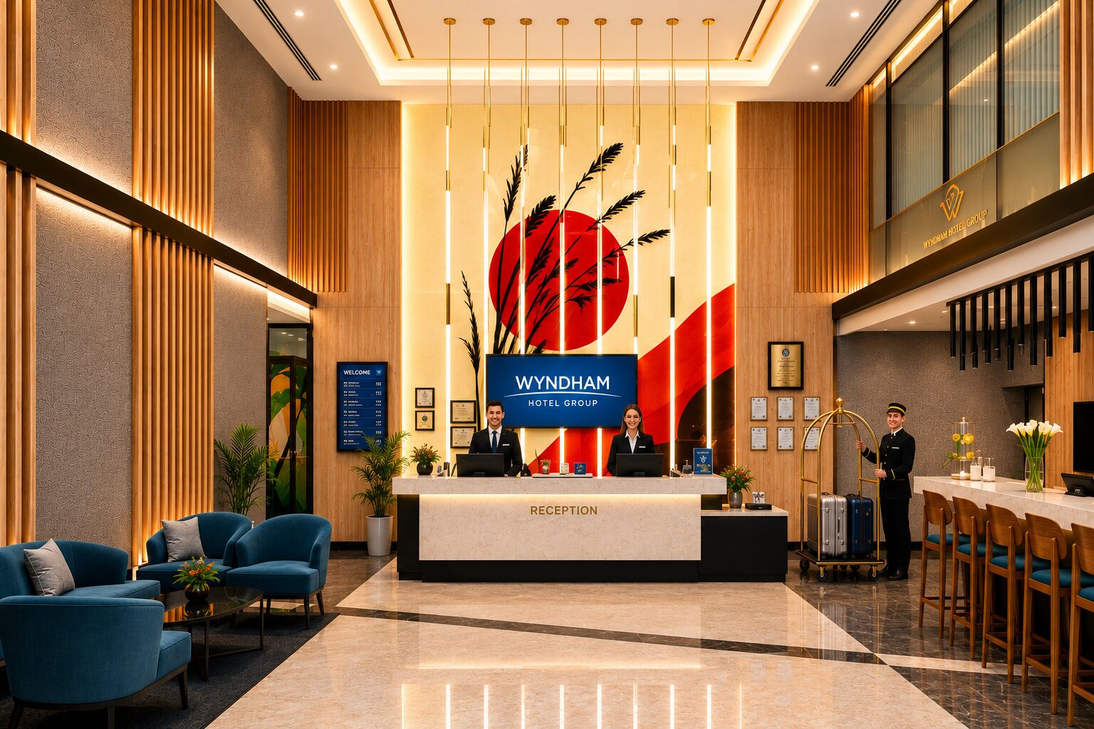 A reception area with a modern design, featuring a reception desk, seating area, and a large logo on the wall.