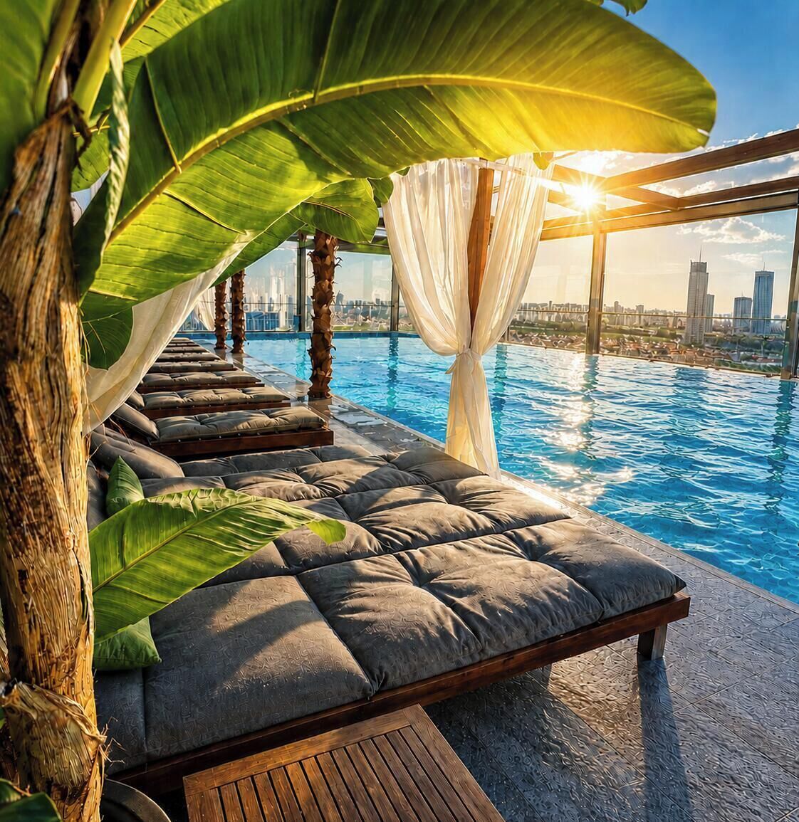 Una piscina infinita con vistas a la ciudad, asientos acolchados y una pérgola.