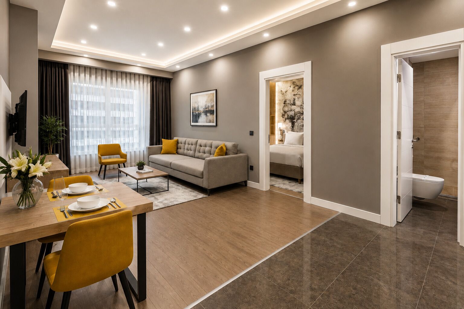 Ein modernes Wohnzimmer mit Sofa, Esstisch und Stühlen, ein separates Schlafzimmer mit Bett sowie ein durch eine offene Tür einsehbarer Badezimmer.
