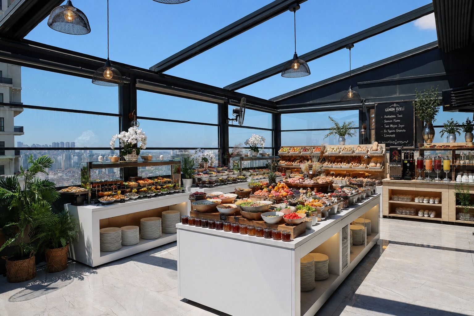 A buffet with a variety of food items, a coffee station, and a view of the cityscape through large windows.