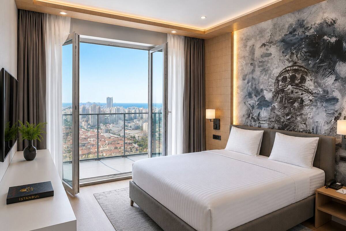 Une chambre d’hôtel moderne avec un grand lit, une vue sur la ville grâce à une porte coulissante, un téléviseur fixé au mur et une lampe murale.