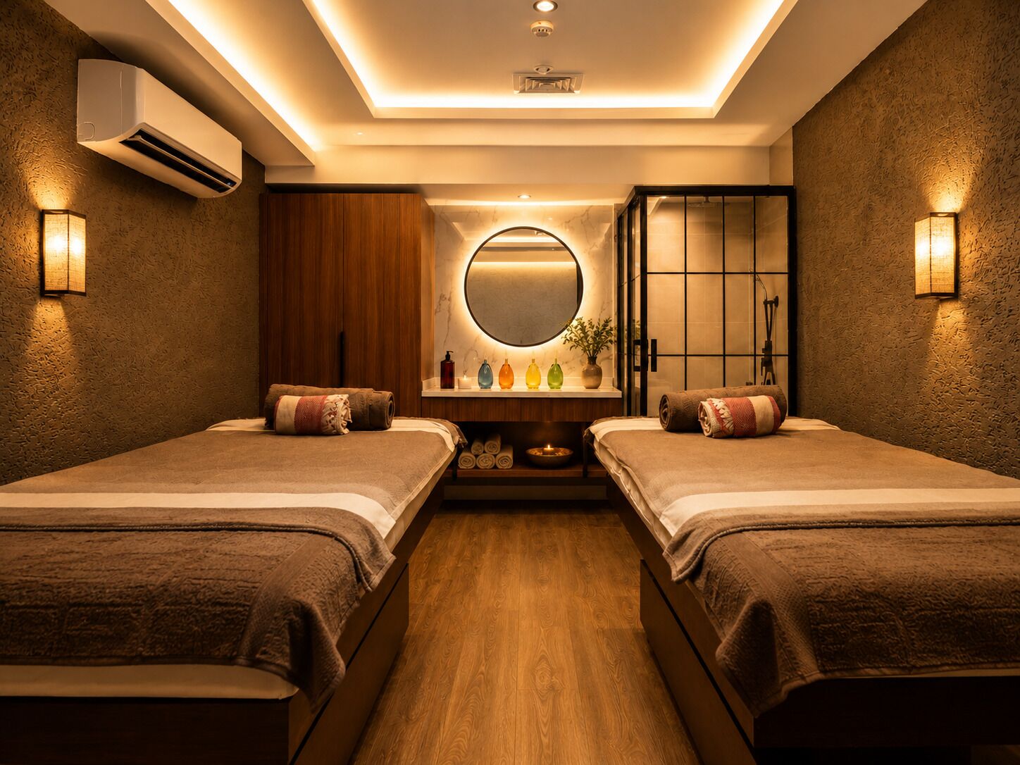 A room with two beds, a round mirror, a shelf with toiletries, and a wooden cabinet.