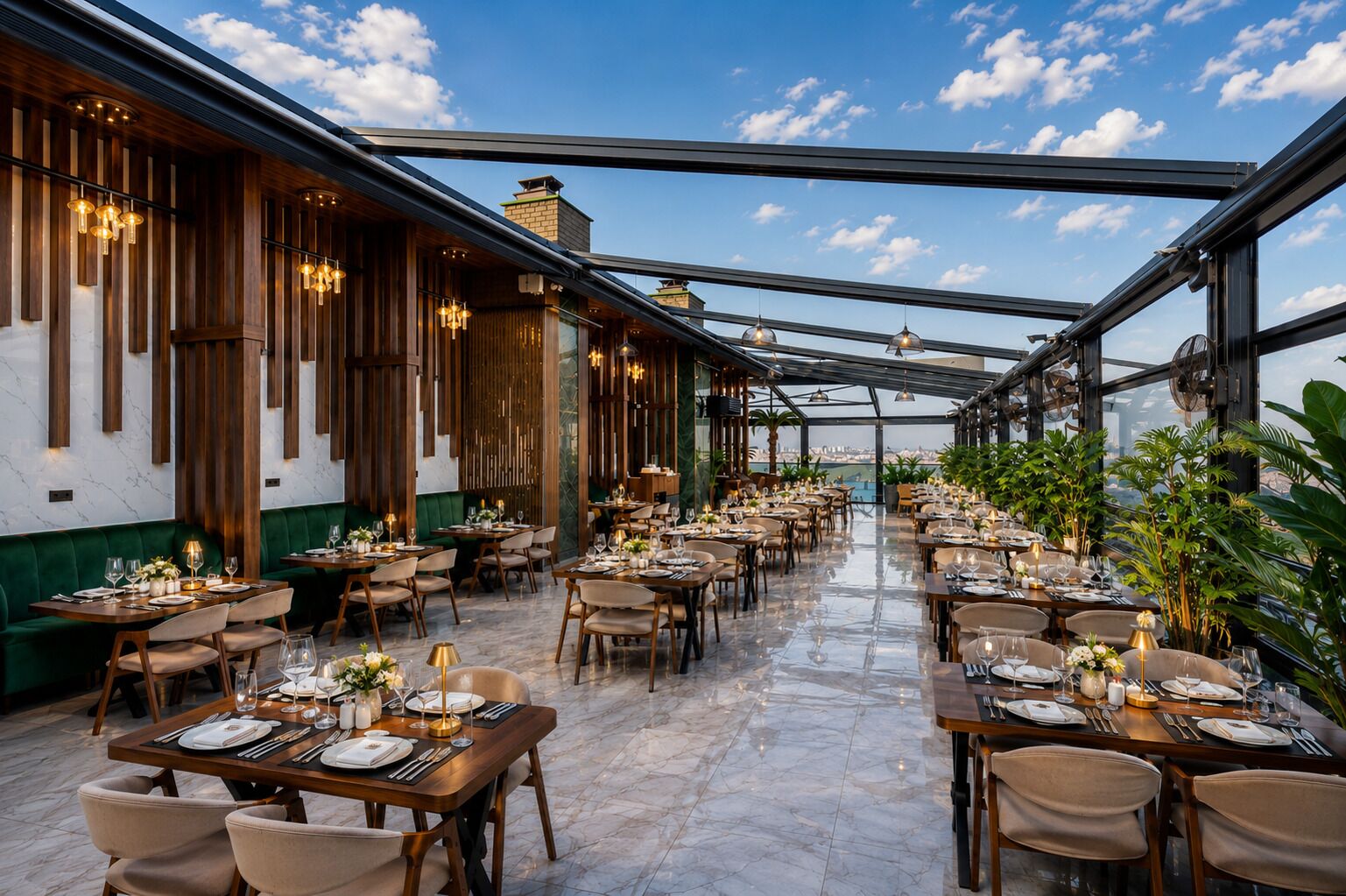 Ein Restaurant mit mehreren Tischen, einer grünen gepolsterten Bank und Blick auf die Stadt durch große Fenster.