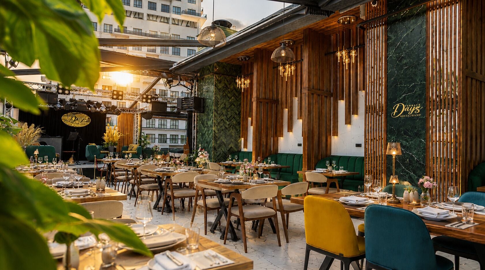 A restaurant with multiple dining tables, chairs, and a stage area.