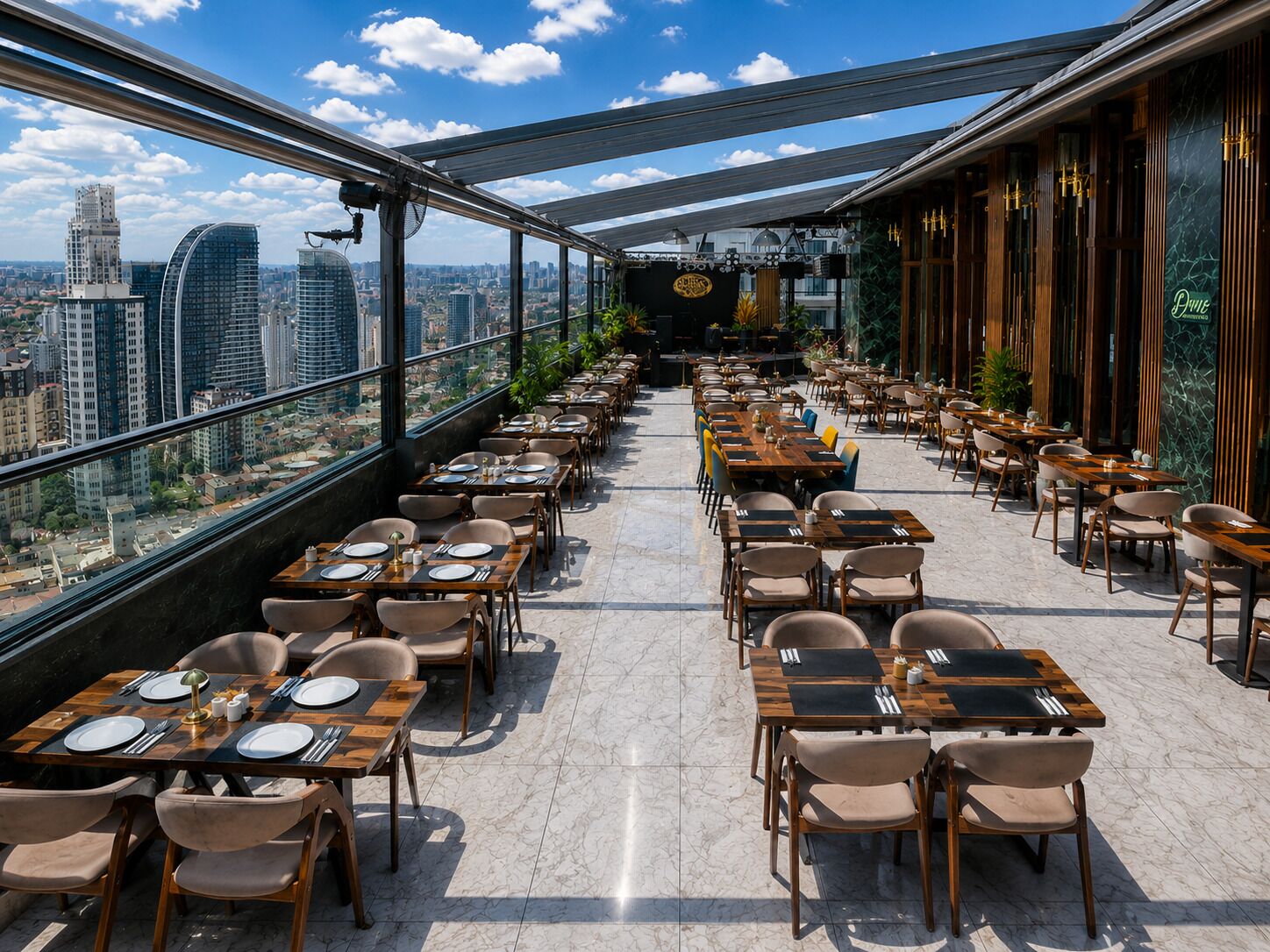 A rooftop restaurant with tables and chairs, a city view, and a modern interior design.