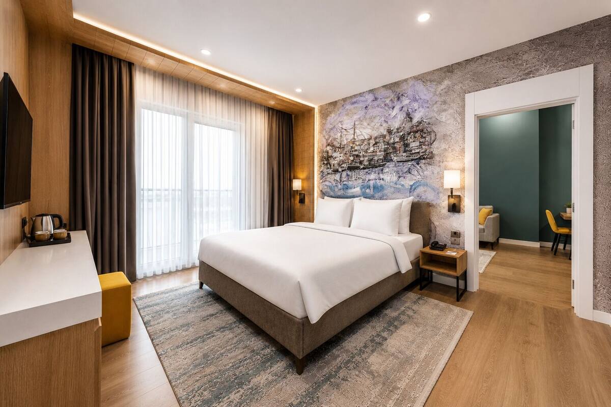 Une chambre d’hôtel moderne, dotée d’un grand lit, d’un bureau, d’une chaise, d’une table de chevet, d’une lampe et d’une fresque murale.