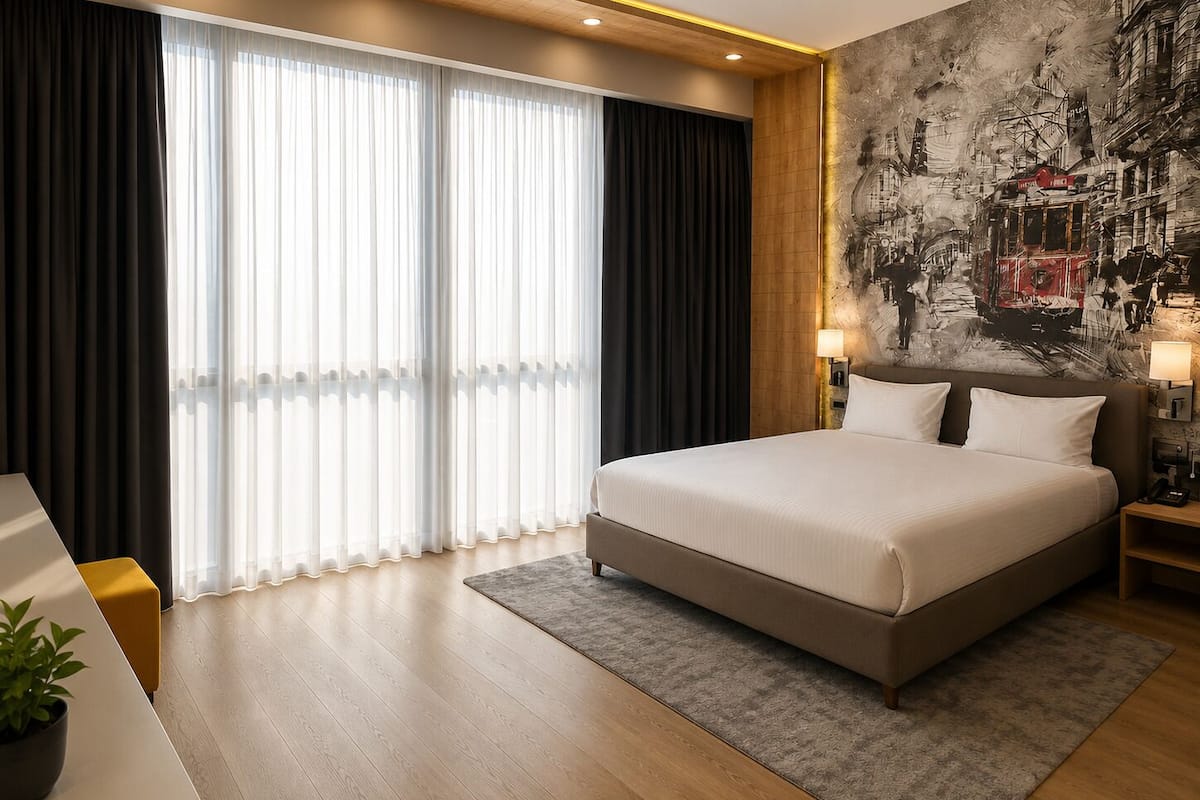 Une chambre d’hôtel moderne avec un grand lit, une fresque représentant un paysage urbain et une vue sur l’extérieur.