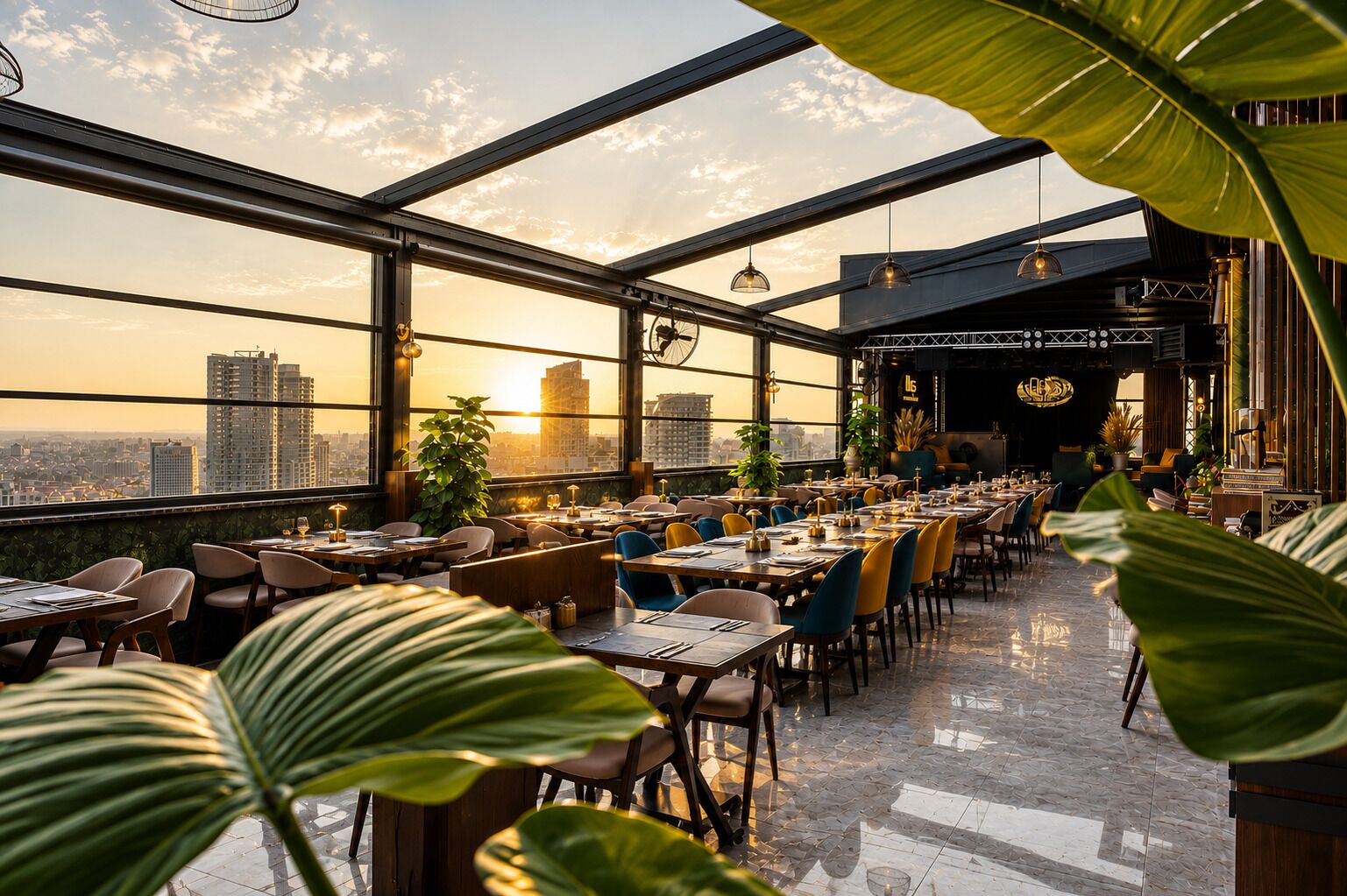 A rooftop restaurant with tables and chairs, large windows, and potted plants.